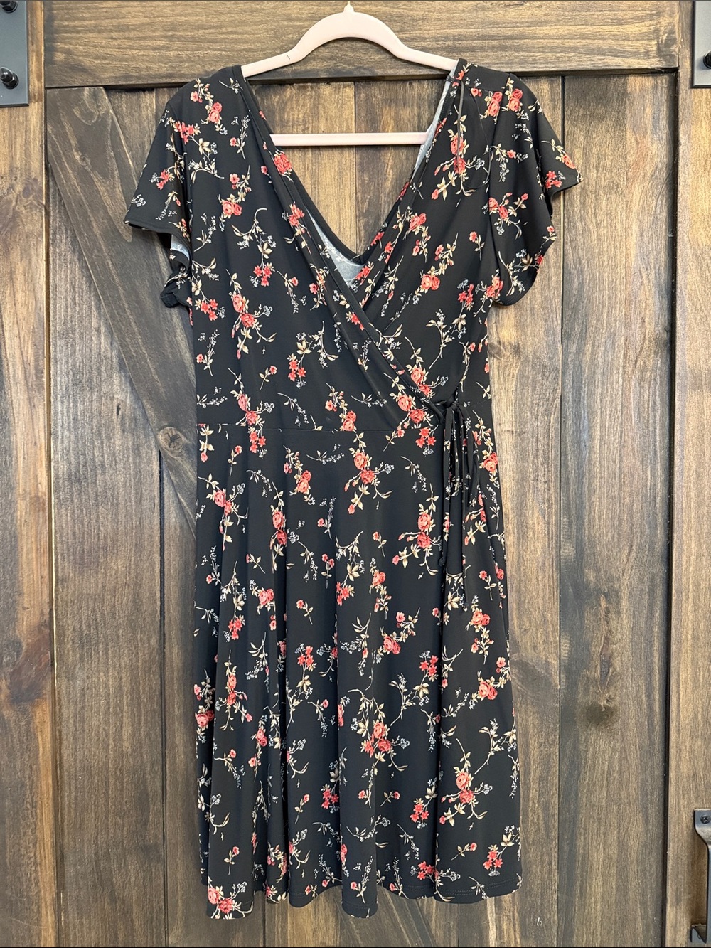 Kaileigh Black Floral Wrap Midi Dress with Red Blossoms